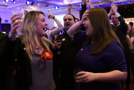 Supporters from the "No" Campaign celebrate at the Better Together Campaign headquarters in Glasgow, Scotland September 19, 2014. REUTERS/Dylan Martinez