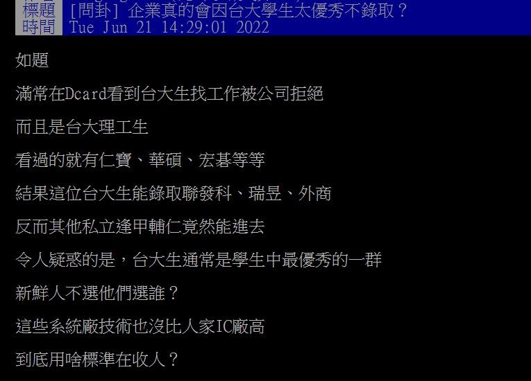 原PO好奇詢問，為什麼有企業不錄取台大生？（圖／翻攝自PTT）