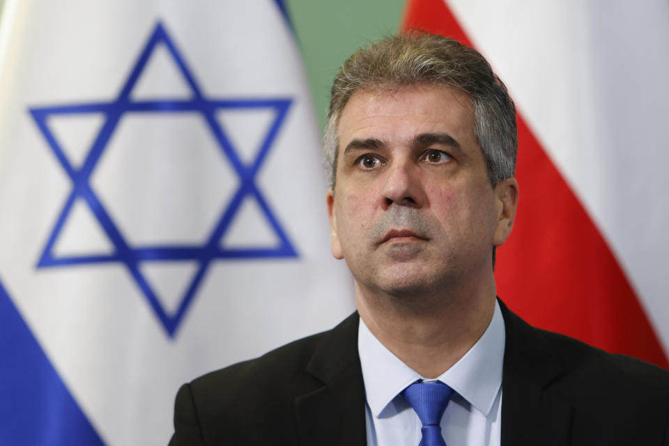 Israeli Foreign Minister Eli Cohen attends a joint press conference with his Polish counterpart Zbigniew Rau in Warsaw, Poland, Wednesday, March 22, 2023. (AP Photo/Michal Dyjuk)