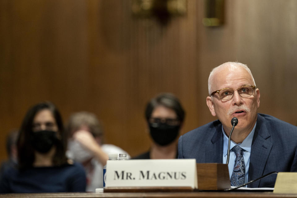 FILE -- Chris Magnus, then nominee for commissioner of U.S. Customs and Border Protection, speaks during a Senate Finance Committee confirmation hearing at the Dirksen Senate Office building in Washington D.C. on Oct. 19, 2021. / Credit: WASHINGTON, DC - OCTOBER 19: Chris Magnus, commissioner of U.S. Customs and Border Protection nominee for U.S. President Joe Biden, speaks during a Senate Finance Committee confirmation hearing at the Dirksen Senate Office building in Washington DC on Oct