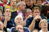 LONDON, ENGLAND - JULY 30: Prince William, Duke of Cambridge, and Prince Harry cheer at the Artistic Gymnastics Men's Team final on Day 3 of the London 2012 Olympic Games at North Greenwich Arena on July 30, 2012 in London, England. (Photo by Ronald Martinez/Getty Images)