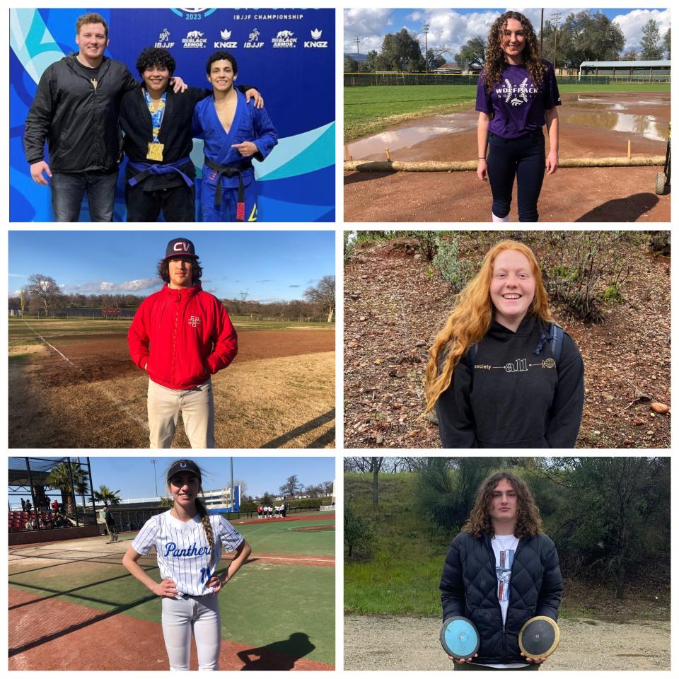 Stellar Charter School sophomore Marcos Alvarado (top left) Shasta junior Madison Jones (top right), Central Valley senior Gabe Storms (middle left), Shasta sophomore Faith Ferguson (middle right), U-Prep senior Kaitlyn Cabral (bottom left) and Shasta junior Trent Kingston (bottom right) were named the Shasta Family YMCA Athletes of the Week between March 20 and March 25.