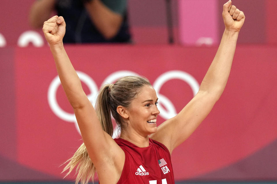 United States' Andrea Drews celebrates winning the women's volleyball preliminary round pool B match between United States and Italy at the 2020 Summer Olympics, Monday, Aug. 2, 2021, in Tokyo, Japan. (AP Photo/Frank Augstein)