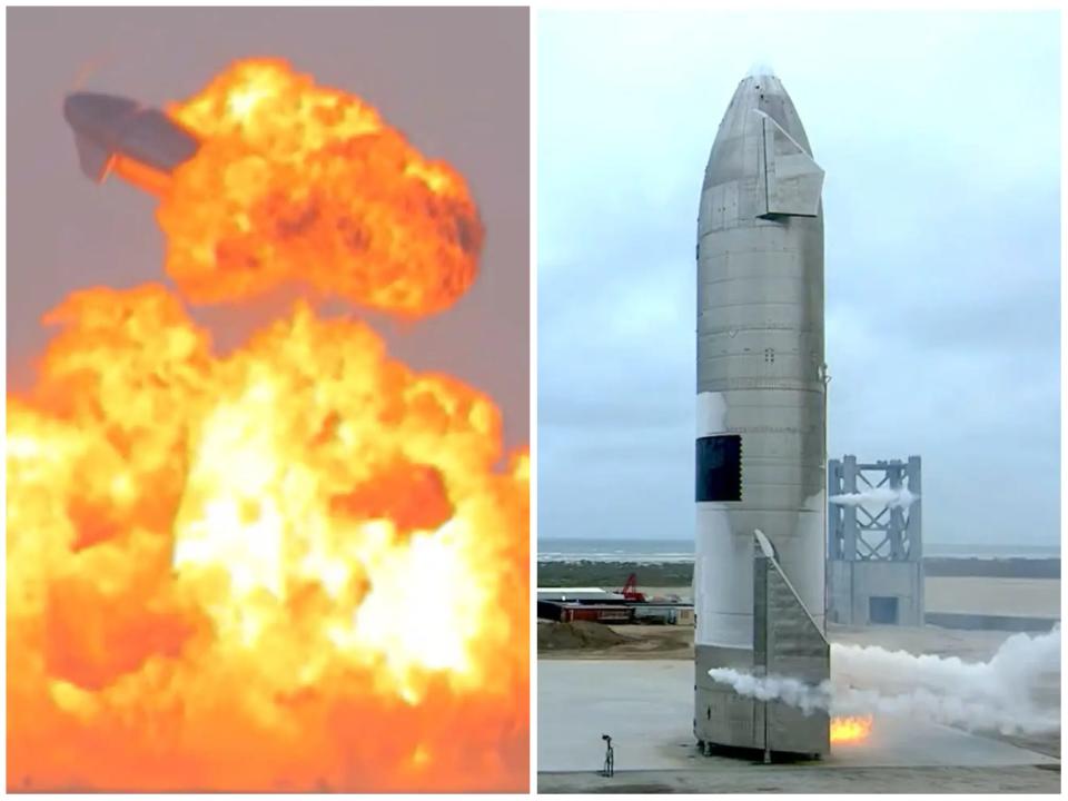 fiery exploding starship in the air juxtaposed with starship steaming on the ground
