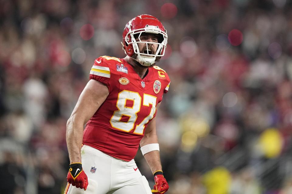 Kansas City Chiefs tight end Travis Kelce yells after a play during the second half of the NFL Super Bowl 58 football game against the San Francisco 49ers, Sunday, Feb. 11, 2024, in Las Vegas. (AP Photo/Brynn Anderson)