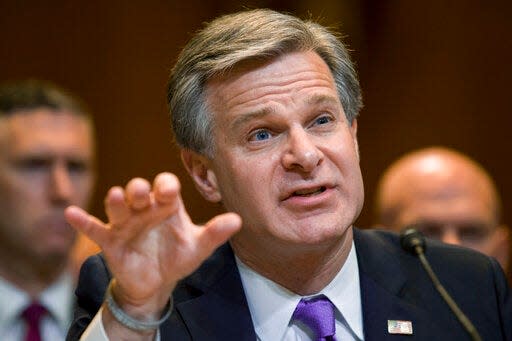 FBI Director Christopher Wray testifies during a hearing of the Appropriations Subcommittee for Commerce, Justice, Science, and Related Agencies, on Capitol Hill, Tuesday, May 7, 2019 in Washington. (AP Photo/Alex Brandon)