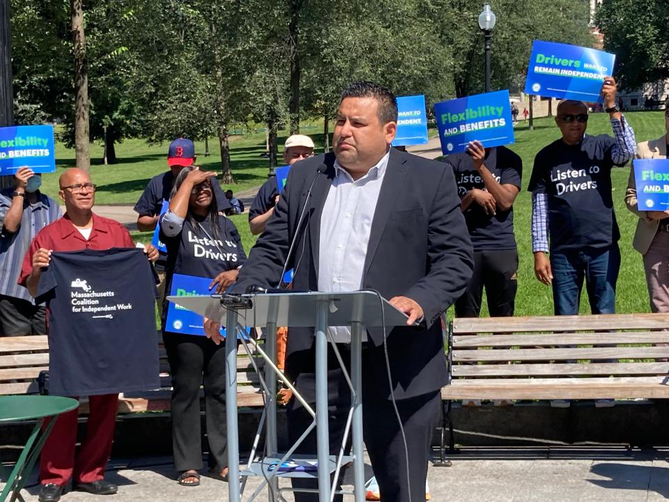 Alex Guardiola, vice president of the Worcester Regional Chamber of Commerce, spoke at the Wednesday rally in support the ride-share workers in their efforts to remain independent.