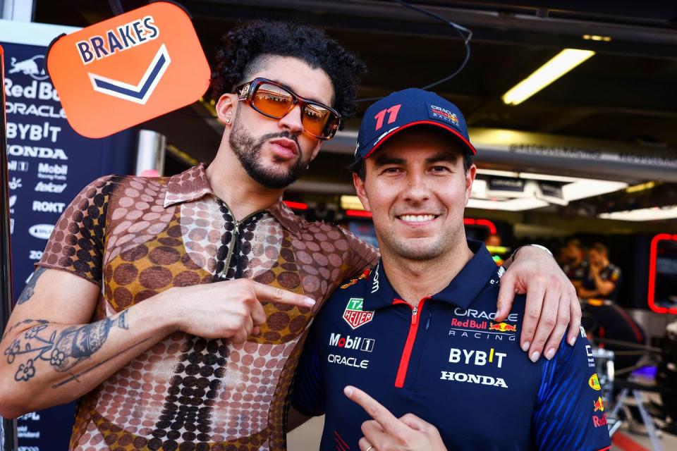 monte carlo, monaco may 25 sergio perez of mexico and oracle red bull racing poses for a photo with bad bunny during previews ahead of the f1 grand prix of monaco at circuit de monaco on may 25, 2023 in monte carlo, monaco photo by mark thompsongetty images