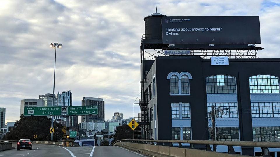 A billboard campaign in San Francisco targeting the Bay Area tech community used Miami Mayor Francis Suarez’s Twitter presence to attract new residents. AdQuick