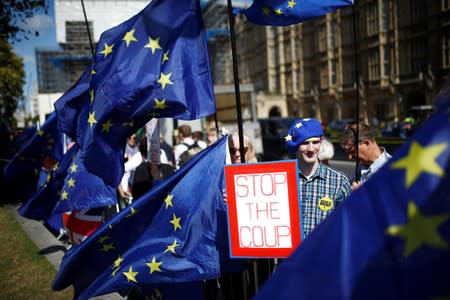 Anti-Brexit protesters stand outside the Houses of Parliament in London