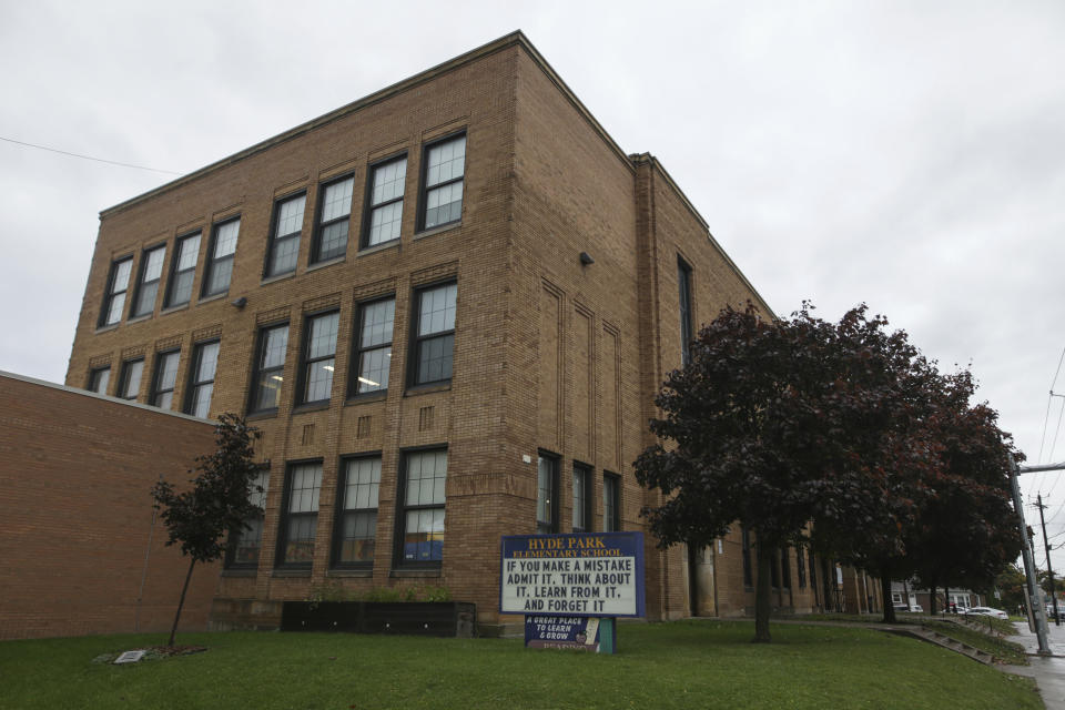 A motivational message is posted on a sign outside of Hyde Park Elementary School on Thursday, Oct. 20, 2022, in Niagara Falls, N.Y. The COVID-19 pandemic upended learning across the United States. And now that students are back together in class, some are much more behind than others. (AP Photo/Joshua Bessex)