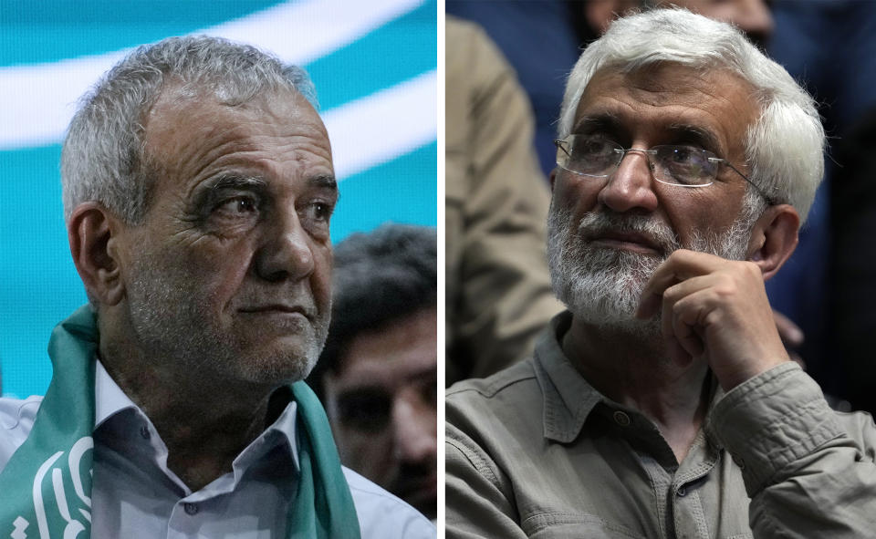 This combination of photos shows Iranian presidential election candidates Masoud Pezeshkian, left, a reformist lawmaker and a former Health Minister, and Saeed Jalili, a hard-line former senior nuclear negotiator, during their campaigns, in Tehran, Iran. (AP Photo/Vahid Salemi, File)