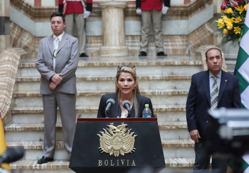 Bolivia's interim President Jeanine Anez speaks during a news conference at the presidential palace in La Paz