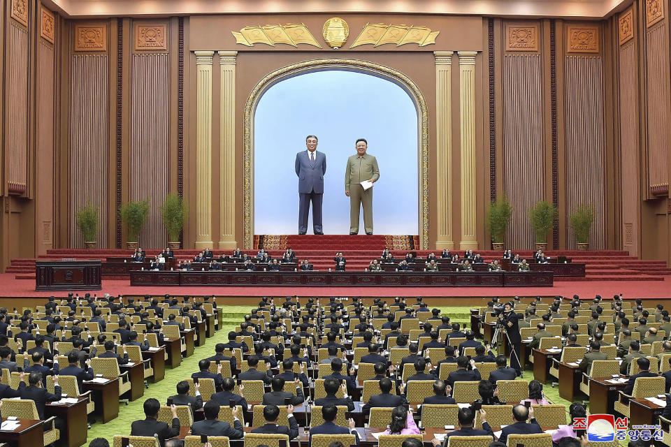 FILE - In this Jan. 17, 2021, file photo provided by the North Korean government, members of the Supreme People's Assembly attend a meeting in Pyongyang, North Korea, The North’s official Korean Central News Agency said Thursday, Aug. 26, 2021, the Supreme People’s Assembly will meet on Sept. 28 in Pyongyang to discuss economic development, youth education, government organizational matters and other issues. Korean language watermark on image as provided by source reads: "KCNA" which is the abbreviation for Korean Central News Agency. (Korean Central News Agency/Korea News Service via AP)