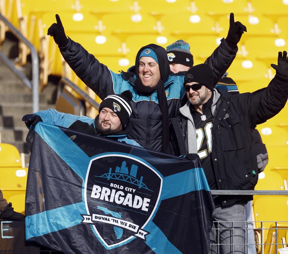 Jacksonville Jaguars fans are still savoring their team’s win over the Steelers on Sunday. (AP)