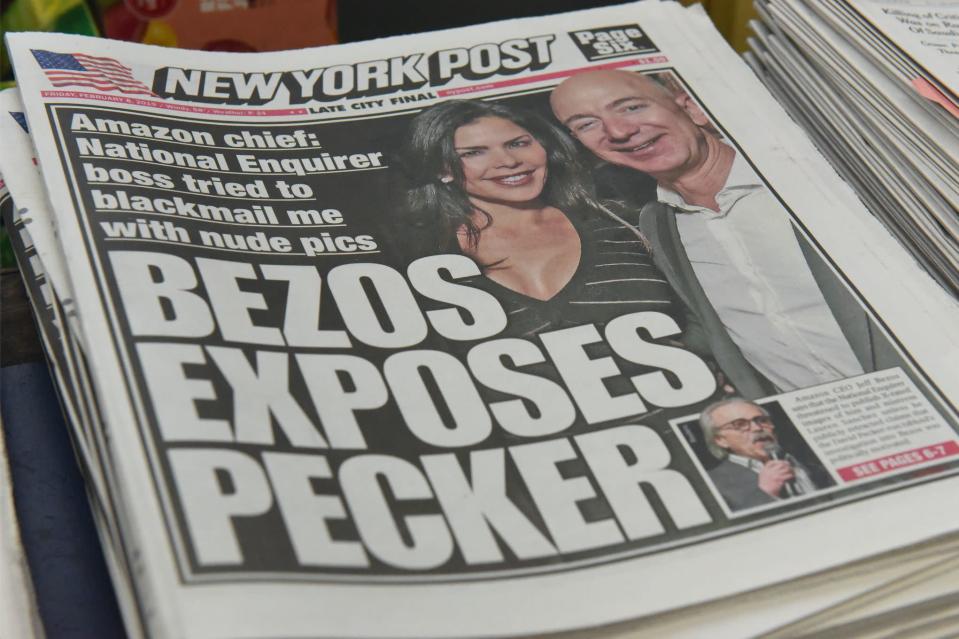 The New York Post with a headline referring to Jeff Bezos is photographed at a convenience store on February 8, 2019 in New York City. Jeff Bezos, CEO of Amazon is accusing the David J. Pecker, publisher of National Enquirer, the nations leading supermarket tabloid, of extortion and blackmail. (Photo: Stephanie Keith/Getty Images)