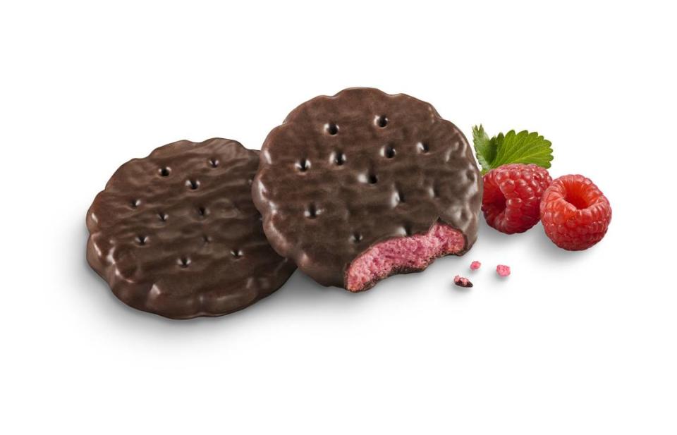 The new variety this Girl Scout cookie season is Raspberry Rally — thin, crispy cookies infused with raspberry flavor, dipped in chocolaty coating.