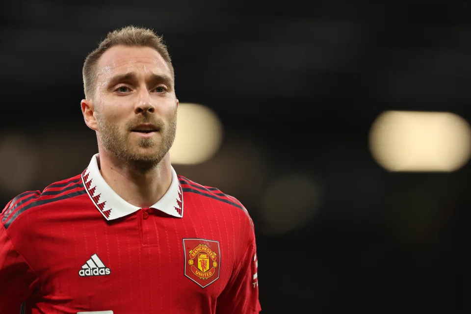 MANCHESTER, ENGLAND - OCTOBER 30: Christian Eriksen of Manchester United   during the Premier League game between Manchester United and West Ham United at Old Trafford on October 30, 2022 in Manchester, United Kingdom. (Photo by Matthew Ashton - AMA/Getty Images)