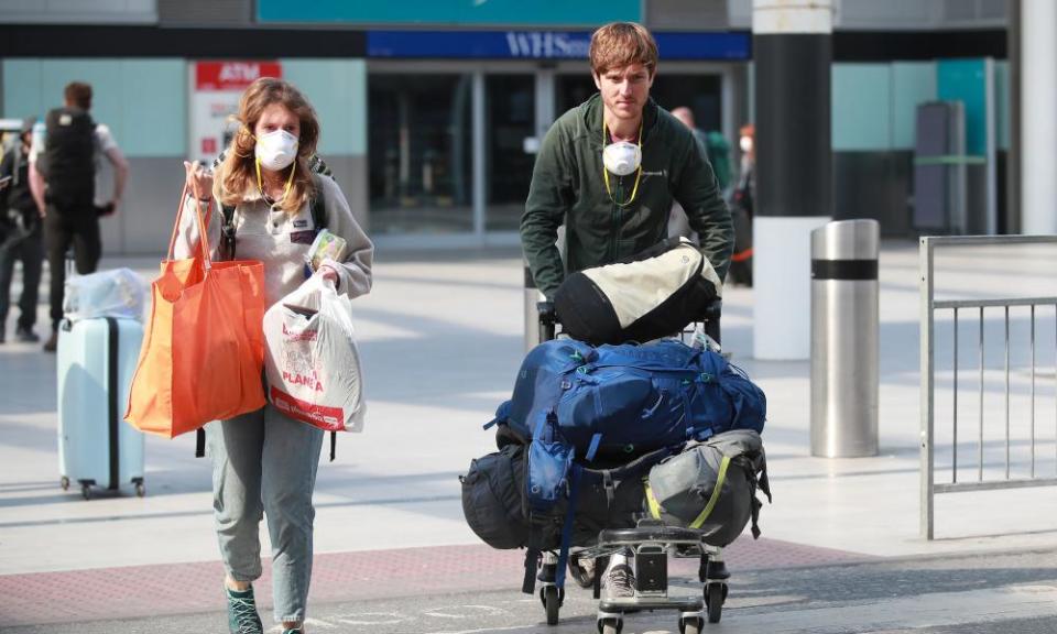 Passengers that travelled on a repatriation flight fromPeru arrive at Gatwick Airport in Sussex as the government continues to help tens of thousands of Britons.