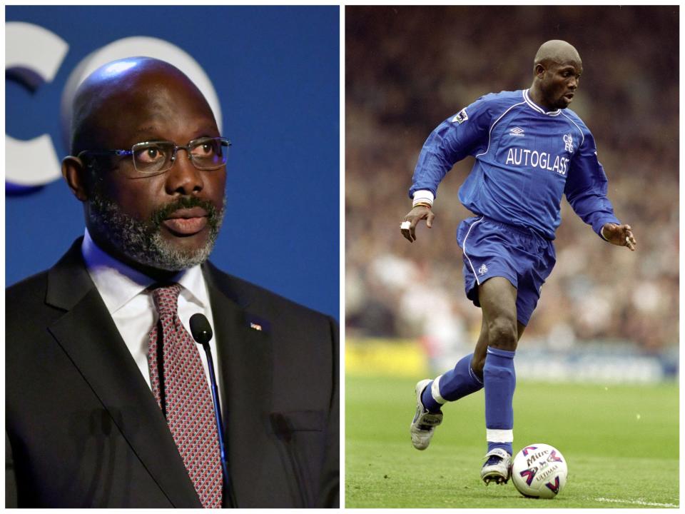 Side-by-side images of Liberian President George Weah in 2021, and Weah playing for Chelsea soccer club in 2000.