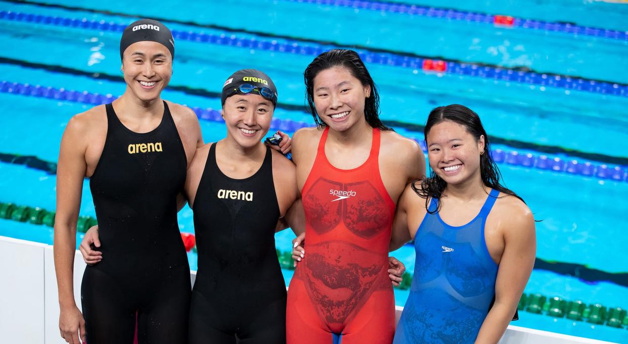 Singapore's women's 4x100m medley team of (from left) Quah Ting Wen, Quah Jing Wen, Letitia Sim and Levenia Sim qualified for 2024 Paris Olympics at the World Aquatic Championships in Doha. (PHOTO: Simone Castrovillari/World Aquatics)