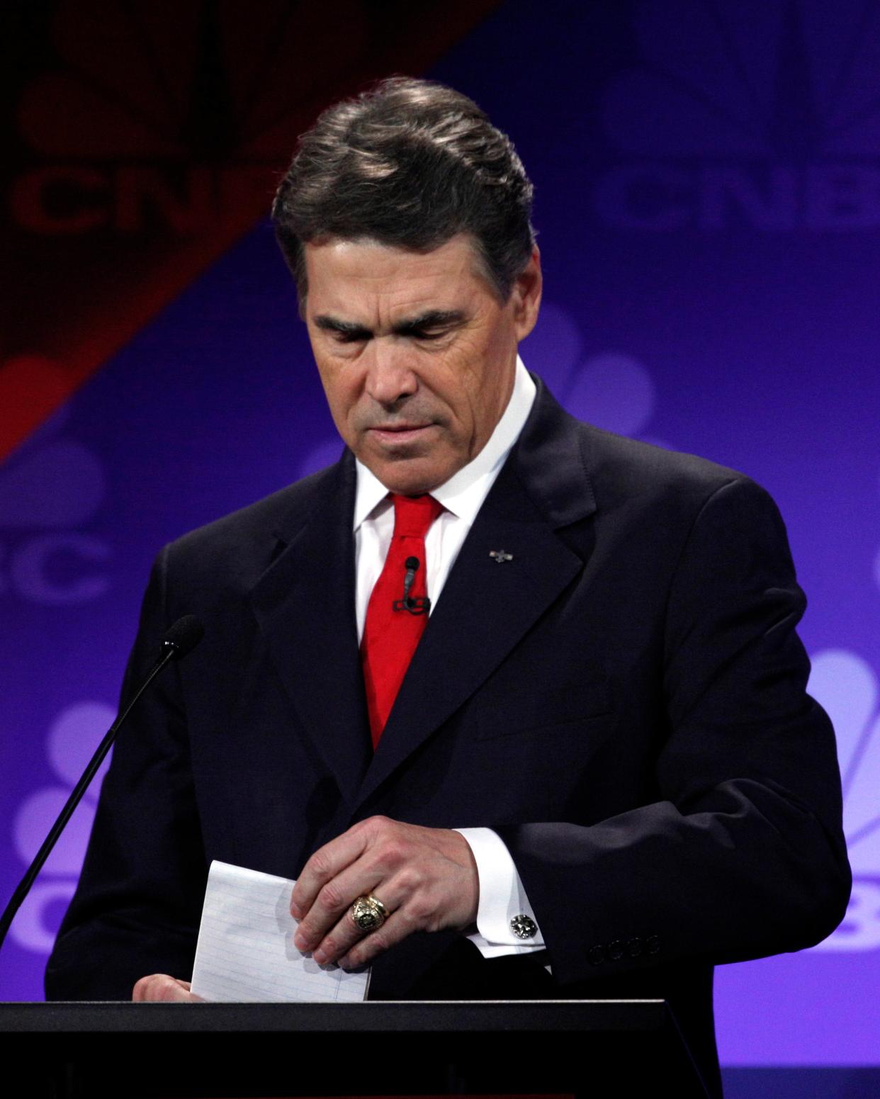 Former Texas Governor Rick Perry loses his train of thought during a 2012 Republican primary debate, a moment that went on to define his doomed campaign. (AP)