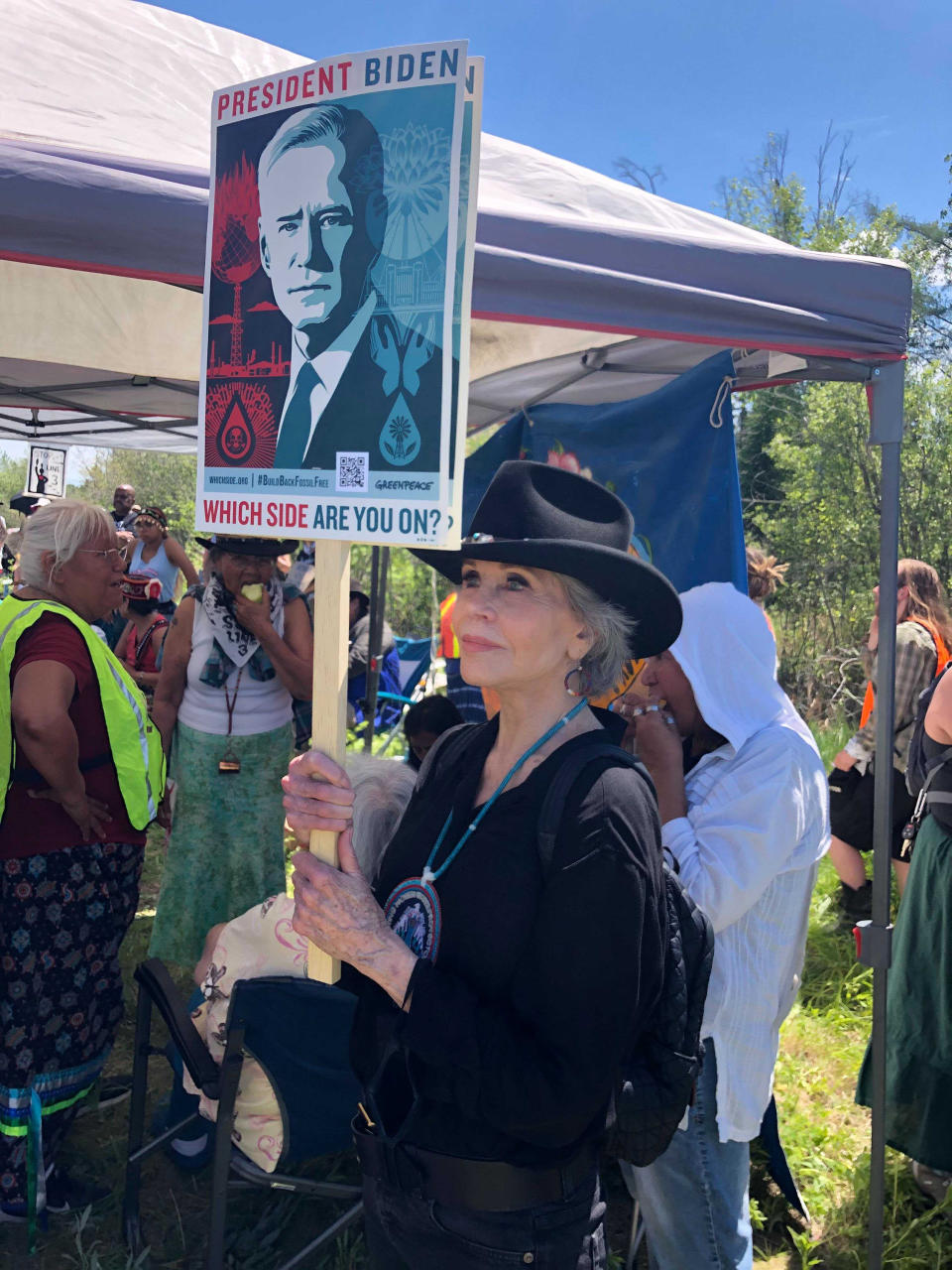 Activist Jane Fonda joins hundreds of protesters chanting "Stop Line 3!" and "Water is life!" gathered at the headwaters of the Mississippi River in in Solway, Minn., on Monday, June 7, 2021 to resist a Canadian-based company's plan to replace an aging pipeline that carries crude oil from Alberta to Wisconsin. (AP Photo by David Kolpack)