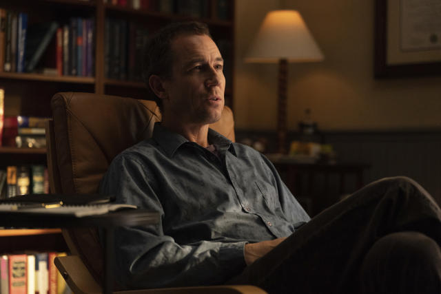 This image released by A24 shows Tobias Menzies in a scene from "You Hurt My Feelings." (Jeong Park/A24 via AP)