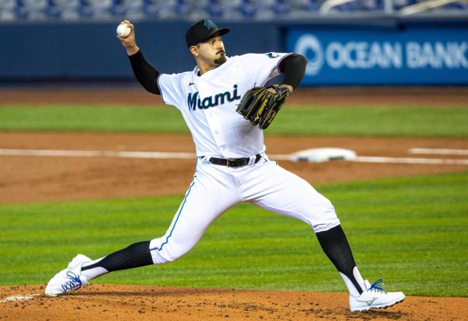 Miami Marlins pitcher Pablo Lopez (49) throws the ball during the first inning of an MLB game against the San Francisco Giants at loanDepot park in the Little Havana neighborhood of Miami, Florida, on Sunday, April 18, 2021.