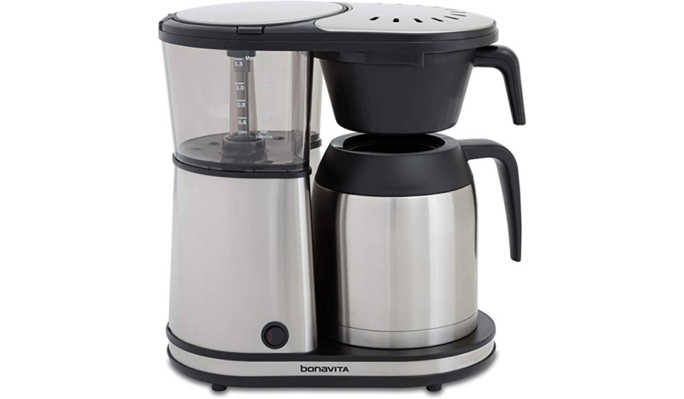 A black and stainless steel coffee maker