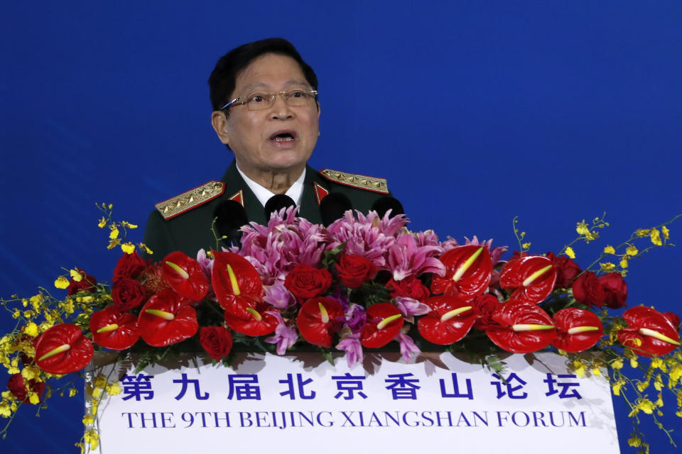 Vietnam's Defense Minster General Ngo Xuan Lich speaks at the Xiangshan Forum, a gathering of the region's security officials, in Beijing, Monday, Oct. 21, 2019. Vietnam has pulled the animated feature "Abominable" from theaters because the U.S.-Chinese-made movie showed a map supporting Chinese claims to the disputed South China Sea. (AP Photo/Andy Wong)