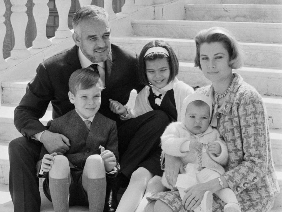 Bettmann Prince Rainier and Grace Kelly, the Princess of Monaco, on the steps of the Monaco palace with their children: Princess Stephanie , 14 months; Princess Caroline, 9; and Prince Albert, 8