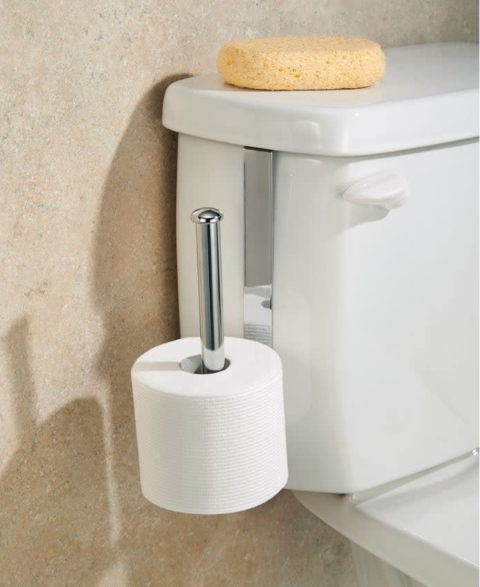 silver toilet paper holder on toilet