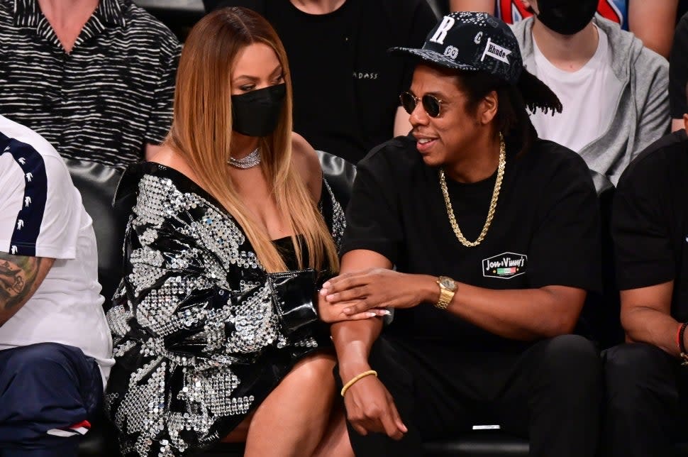 Beyonce and Jay-Z attend Brooklyn Nets v Milwaukee Bucks game at Barclays Center of Brooklyn on June 05, 2021 in New York City.