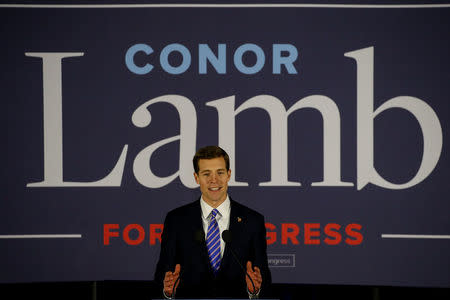 U.S. Democratic congressional candidate Conor Lamb speaks during his election night rally in Pennsylvania's 18th U.S. Congressional district special election against Republican candidate and State Rep. Rick Saccone in Canonsburg, Pennsylvania, U.S., March 13, 2018. REUTERS/Brendan McDermid