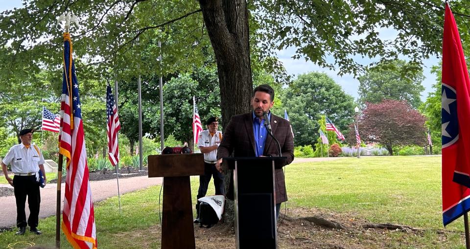 City Mayor Scott Conger reads a speech during Flag Day ceremony at Liberty Garden Arboretum and Park in Jackson, Tenn. on June 14, 2023.