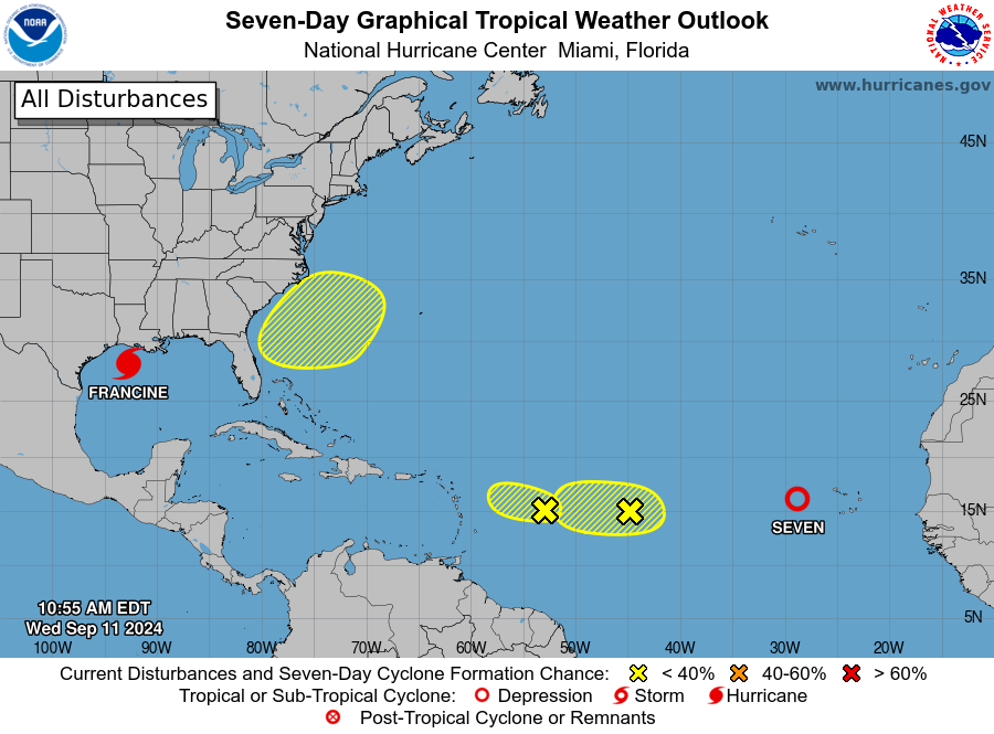 In addition to Hurricane Francine (left), the National Hurricane Center is also tracking four other systems in the Atlantic, including Tropical Depression Seven (right).