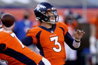 Denver Broncos quarterback Drew Lock (3) throws against the Los Angeles Chargers during the first half of an NFL football game, Sunday, Nov. 1, 2020, in Denver. (AP Photo/David Zalubowski)