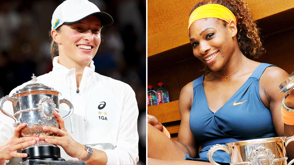 Iga Swiatek and Serena Williams, pictured here with their French Open trophies.