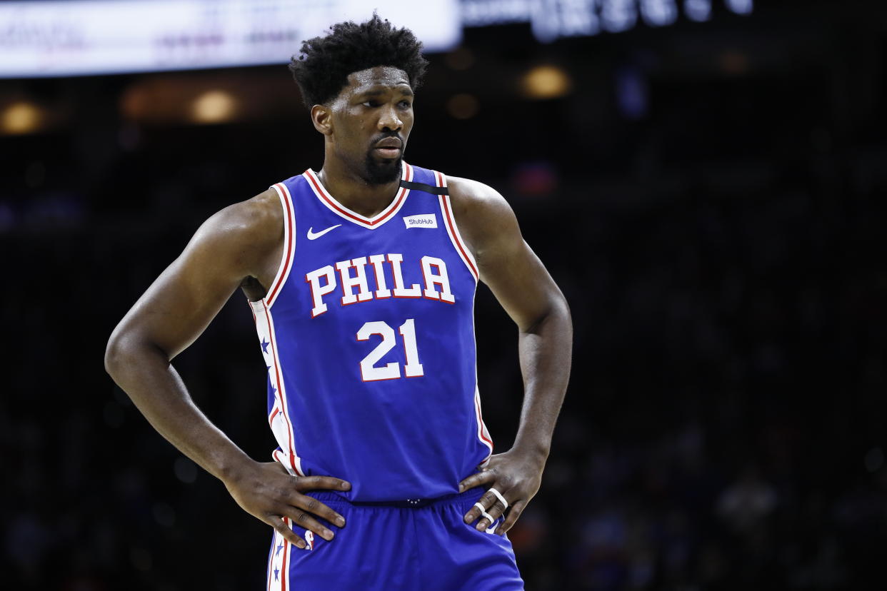 Philadelphia 76ers' Joel Embiid plays during an NBA basketball game against the Atlanta Hawks, Monday, Feb. 24, 2020, in Philadelphia. (AP Photo/Matt Slocum)