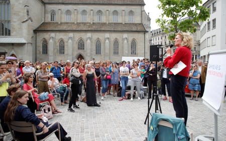 City councilwoman Rykart gives a speech to participants of the women's strike in Zurich