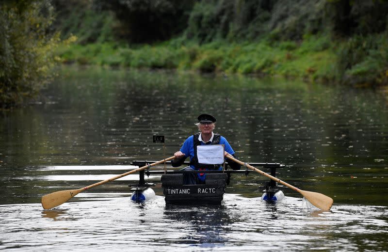 80-year old military veteran Stanley rows homemade boat named the "Tintanic" to raise funds for charity St Wilfrid's Hospice, in Chichester