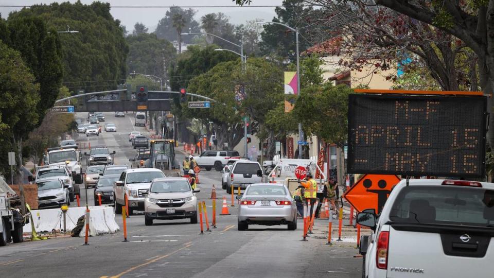 San Luis Obispo has cut down several large trees along Monterey Street as part of a streetscape project seen here on April 12, 2024. Construction is estimated to run through mid-May.