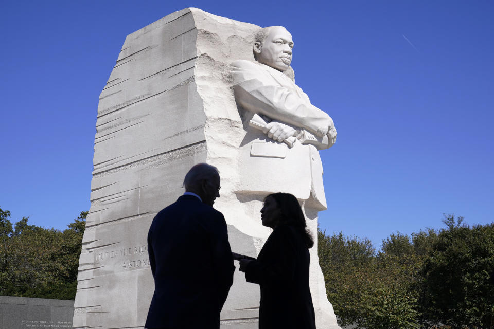 FILE - President Joe Biden and Vice President Kamala Harris stand together at the Martin Luther King, Jr. Memorial as they arrive to attend an event marking the 10th anniversary of the dedication of memorial in Washington, Oct. 21, 2021. (AP Photo/Susan Walsh, File)