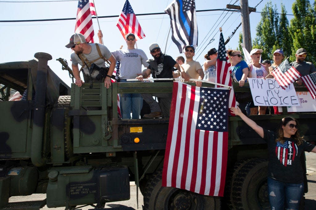 upporters and members of Patriot Prayer and Peoples Rights Washington rally against the Washington state mask mandate on June 26, 2020 in Vancouver, Washington.