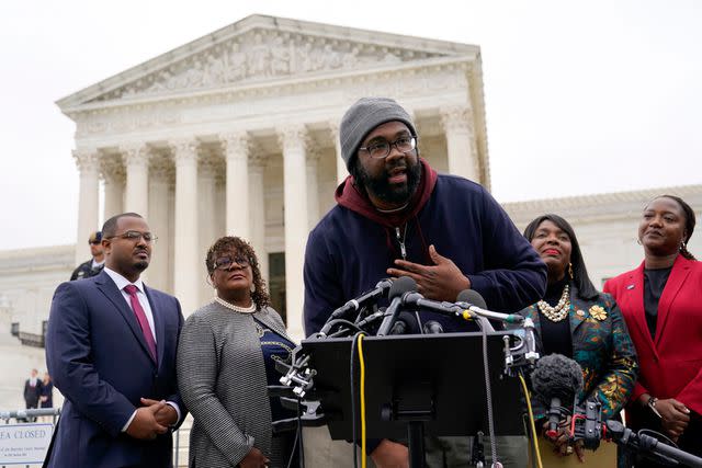 <p>AP Photo/Patrick Semansky</p> Evan Milligan, the Alabama case's lead plaintiff, speaks outside of the Supreme Court