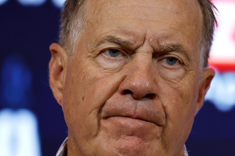 New England Patriots head coach Bill Belichick listens to a question at a news conference following an NFL football game against the Chicago Bears, Monday, Oct. 24, 2022, in Foxborough, Mass. The Bears beat the Patriots 33-14. (AP Photo/Michael Dwyer)