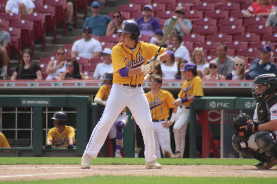 Campbell County's Parker Schweitzer at the plate as Conner defeated Campbell County 7-3 in KHSAA baseball as part of the Big League Weekend of the Reds Futures Showcase at Great American Ball Park, May 14, 2022.