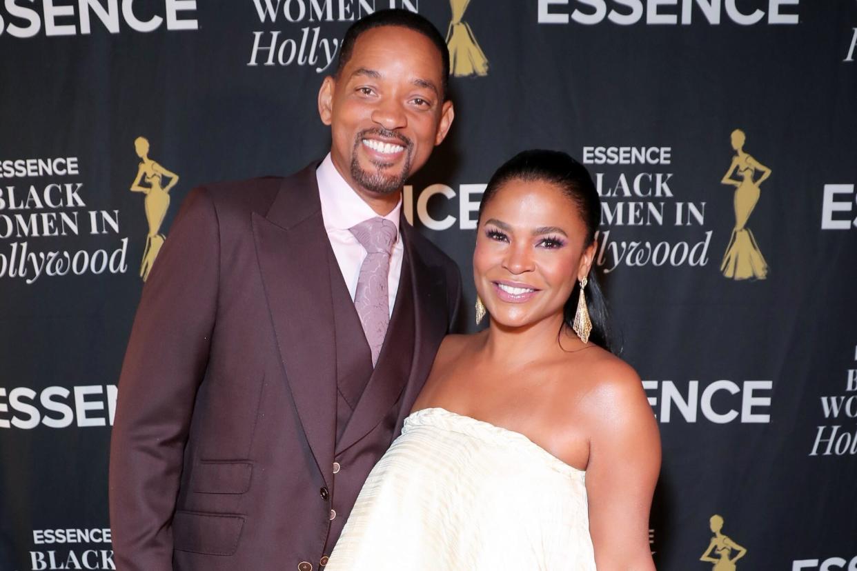 BEVERLY HILLS, CALIFORNIA - MARCH 24: (L-R) Will Smith and Nia Long are seen backstage during the 2022 15th Annual ESSENCE Black Women In Hollywood Awards Luncheon at Beverly Wilshire, A Four Seasons Hotel on March 24, 2022 in Beverly Hills, California. (Photo by Leon Bennett/Getty Images for ESSENCE)