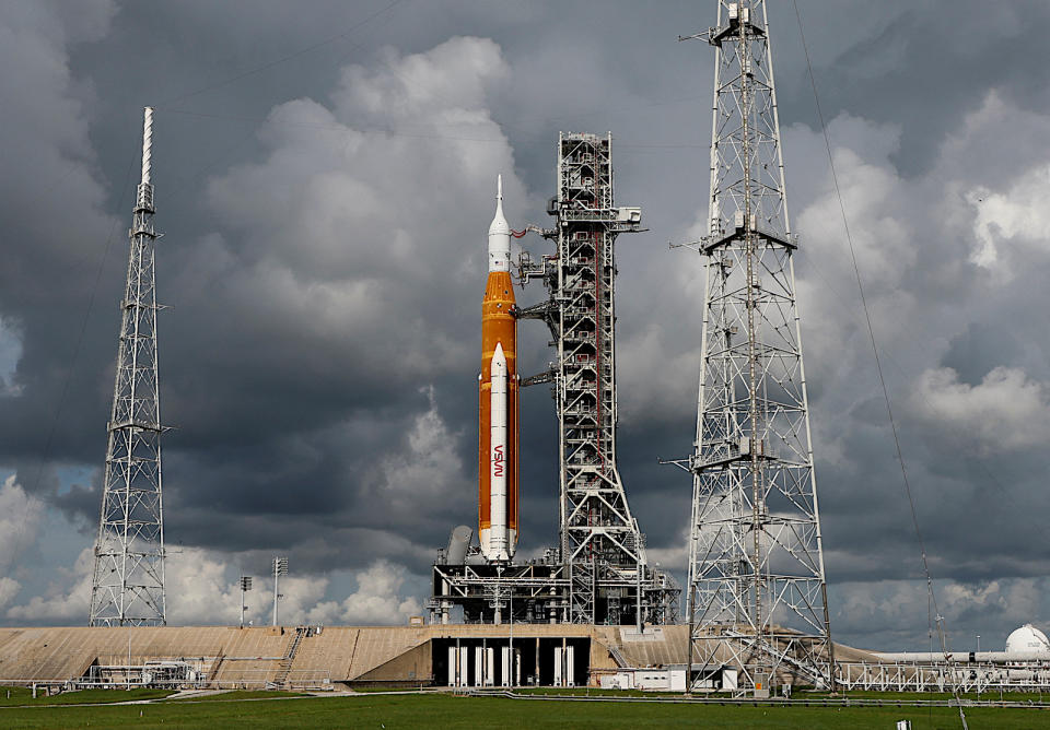 NASA's next-generation moon rocket, the Space Launch System (SLS) with the Orion crew capsule perched on top, stands on launch complex 39B before its rescheduled debut test launch for the Artemis 1 mission at Cape Canaveral, Florida, U.S. September 2, 2022.  REUTERS/Joe Skipper